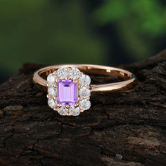 Emerald Cut Engagement Ring Classic Lab Grown Amethyst Halo Promise Ring