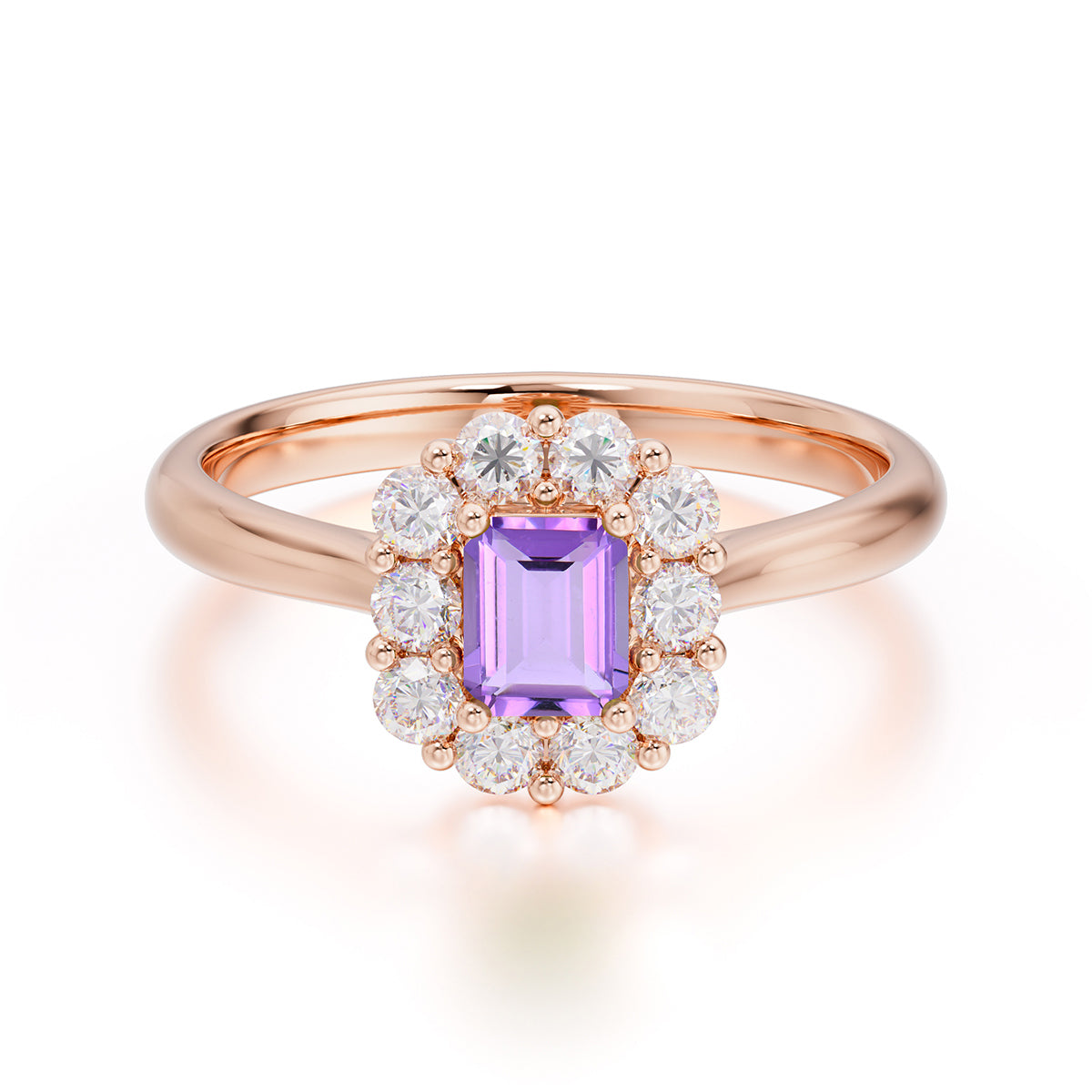 Emerald Cut Engagement Ring Classic Lab Grown Amethyst Halo Promise Ring