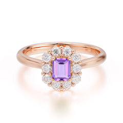 Emerald Cut Engagement Ring Classic Lab Grown Amethyst Halo Promise Ring