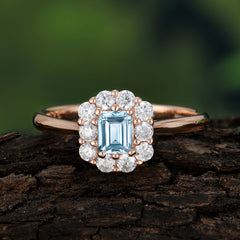 Emerald Cut Engagement Ring Classic Lab Grown Aquamarine Halo Promise Ring