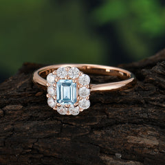 Emerald Cut Engagement Ring Classic Lab Grown Aquamarine Halo Promise Ring