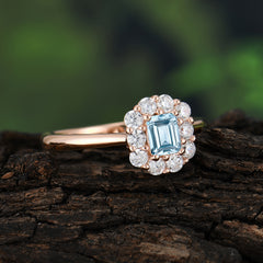 Emerald Cut Engagement Ring Classic Lab Grown Aquamarine Halo Promise Ring