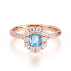 Emerald Cut Engagement Ring Classic Lab Grown Aquamarine Halo Promise Ring