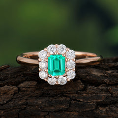 Emerald Cut Emerald Ring Classic Lab Grown Aquamarine Halo Promise Ring