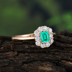 Emerald Cut Emerald Ring Classic Lab Grown Aquamarine Halo Promise Ring