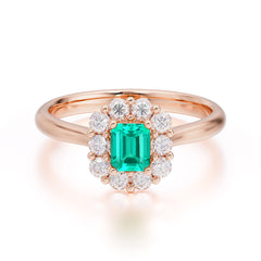 Emerald Cut Emerald Ring Classic Lab Grown Aquamarine Halo Promise Ring
