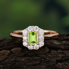 Emerald Cut Engagement Ring Classic Peridot Halo Promise Ring