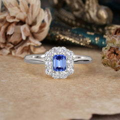 Emerald Cut 6 Prong Engagement Ring Classic Lab Grown Sapphire Halo Promise Ring
