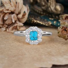 Emerald Cut Engagement Ring Classic Turquoise Halo Promise Ring