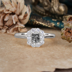 Emerald Cut Engagement Ring Classic Black Rutilated Quartz Halo Promise Ring