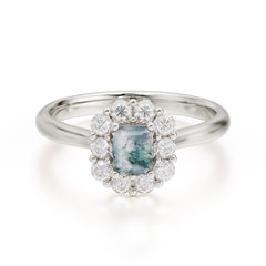 Emerald Cut Moss Agate Ring Classic Lab Grown Aquamarine Halo Promise Ring