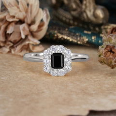 Emerald Cut Black Onyx Ring Classic Lab Grown Aquamarine Halo Promise Ring