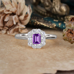 Emerald Cut Engagement Ring Classic Lab Grown Amethyst Halo Promise Ring