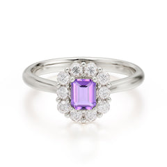 Emerald Cut Engagement Ring Classic Lab Grown Amethyst Halo Promise Ring