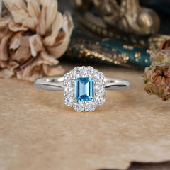 Emerald Cut Engagement Ring Classic Lab Grown Aquamarine Halo Promise Ring