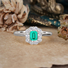 Emerald Cut Emerald Ring Classic Lab Grown Aquamarine Halo Promise Ring