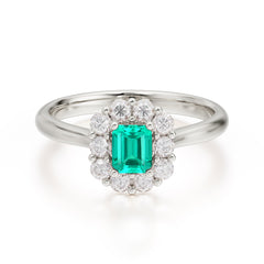 Emerald Cut Emerald Ring Classic Lab Grown Aquamarine Halo Promise Ring