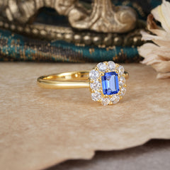 Emerald Cut 6 Prong Engagement Ring Classic Lab Grown Sapphire Halo Promise Ring