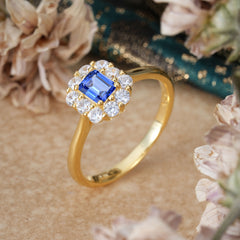 Emerald Cut 6 Prong Engagement Ring Classic Lab Grown Sapphire Halo Promise Ring