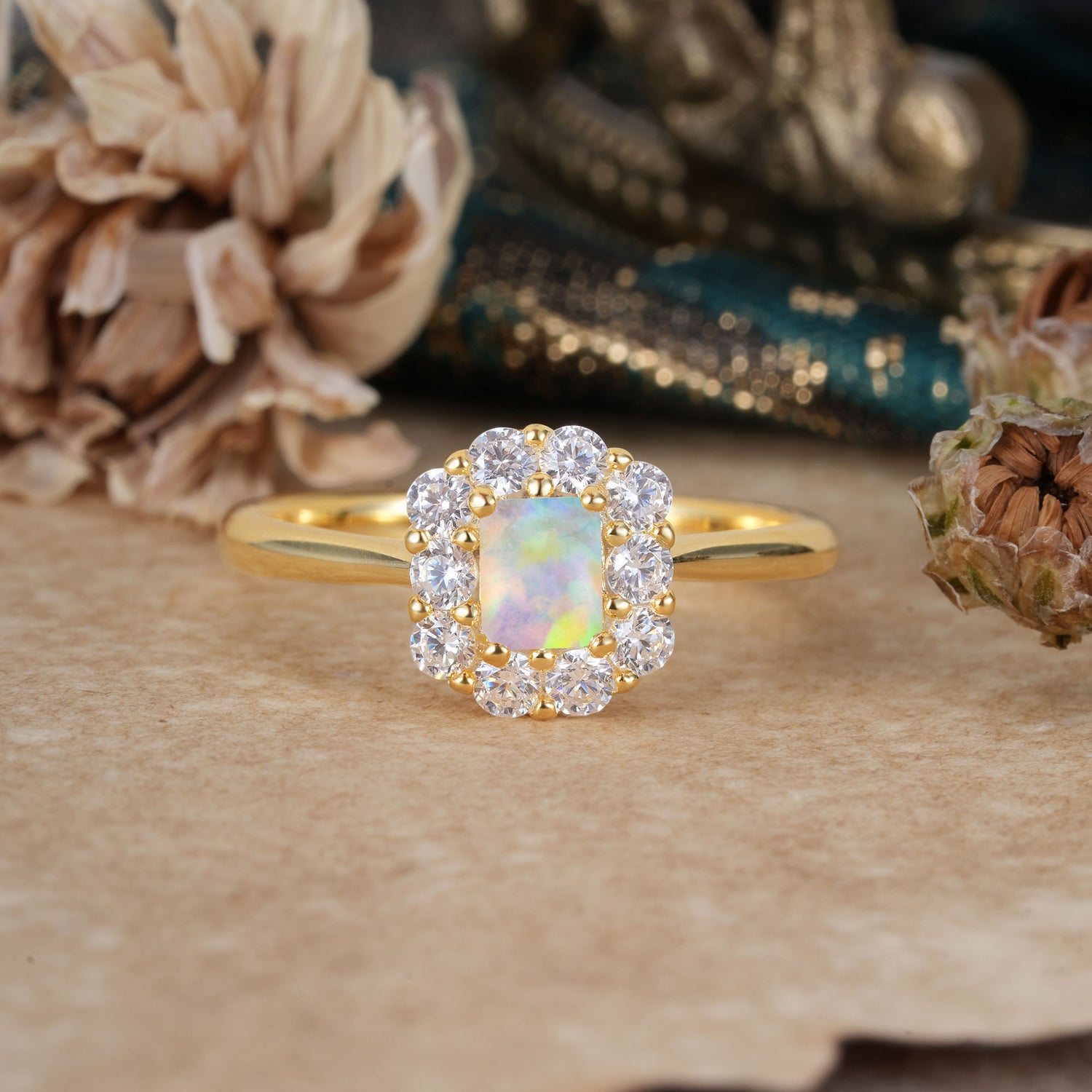 Emerald Cut Engagement Ring Classic Lab Grown Opal Halo Promise Ring