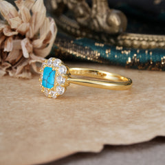 Emerald Cut Engagement Ring Classic Turquoise Halo Promise Ring