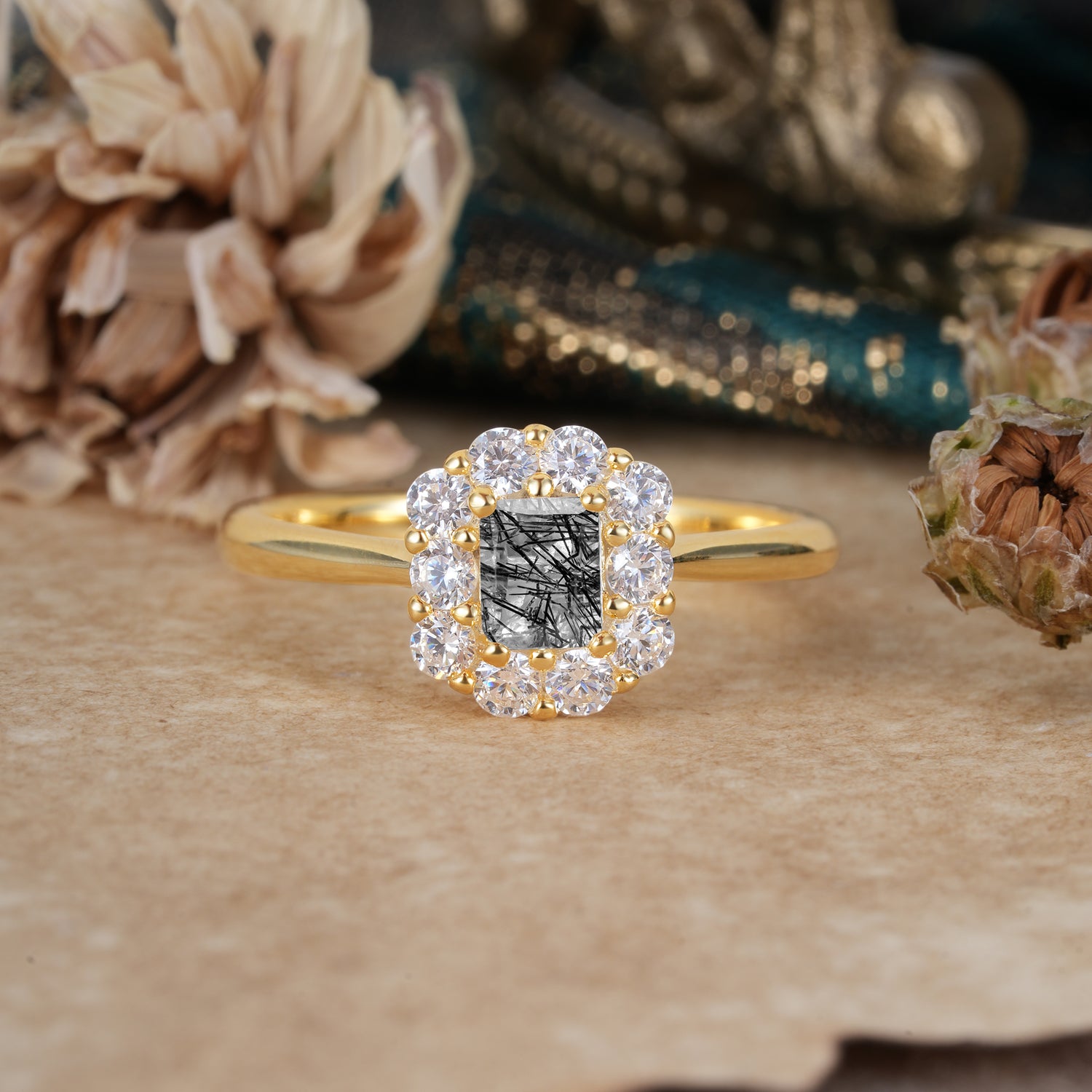 Emerald Cut Engagement Ring Classic Black Rutilated Quartz Halo Promise Ring