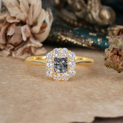 Emerald Cut Engagement Ring Classic Black Rutilated Quartz Halo Promise Ring