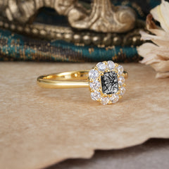 Emerald Cut Engagement Ring Classic Black Rutilated Quartz Halo Promise Ring