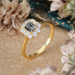 Emerald Cut Engagement Ring Classic Black Rutilated Quartz Halo Promise Ring