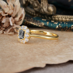 Emerald Cut Engagement Ring Classic Black Rutilated Quartz Halo Promise Ring