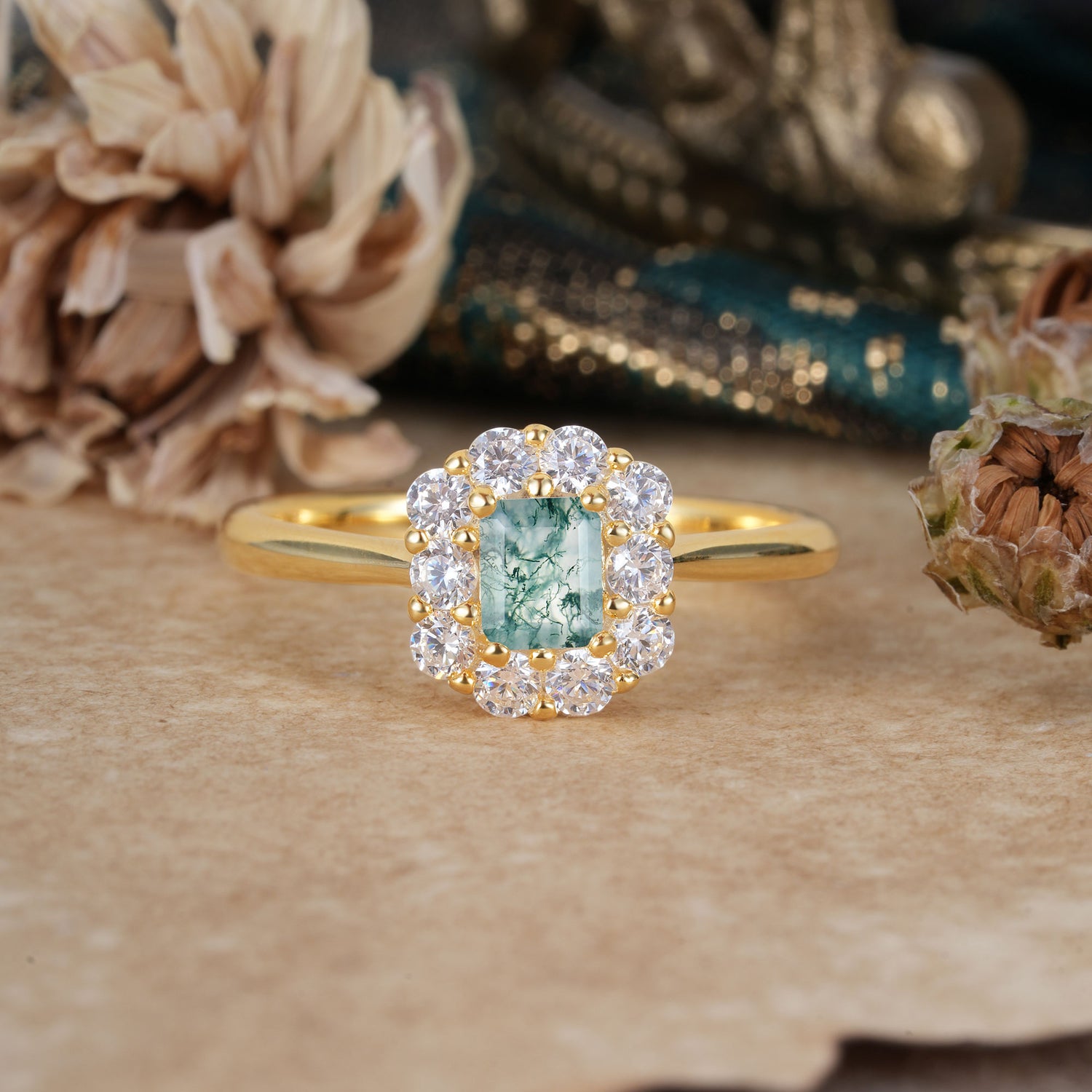 Emerald Cut Moss Agate Ring Classic Lab Grown Aquamarine Halo Promise Ring