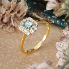 Emerald Cut Moss Agate Ring Classic Lab Grown Aquamarine Halo Promise Ring