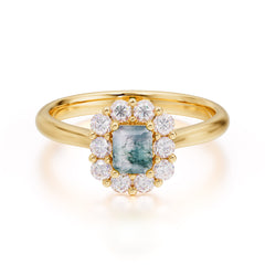Emerald Cut Moss Agate Ring Classic Lab Grown Aquamarine Halo Promise Ring
