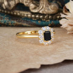 Emerald Cut Black Onyx Ring Classic Lab Grown Aquamarine Halo Promise Ring