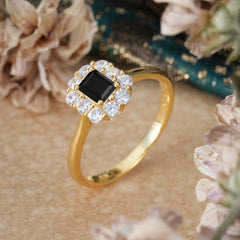 Emerald Cut Black Onyx Ring Classic Lab Grown Aquamarine Halo Promise Ring