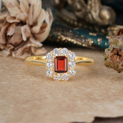 Natural Garnet Emerald Cut  Halo Promise Ring For Her