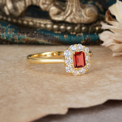 Natural Garnet Emerald Cut  Halo Promise Ring For Her