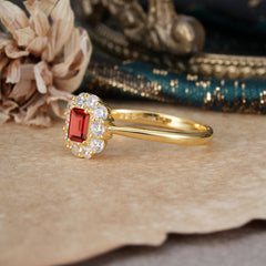 Natural Garnet Emerald Cut  Halo Promise Ring For Her