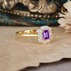 Emerald Cut Engagement Ring Classic Lab Grown Amethyst Halo Promise Ring
