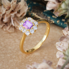 Emerald Cut Engagement Ring Classic Lab Grown Amethyst Halo Promise Ring