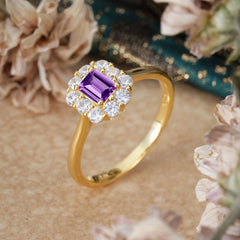 Emerald Cut Engagement Ring Classic Lab Grown Amethyst Halo Promise Ring