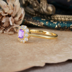 Emerald Cut Engagement Ring Classic Lab Grown Amethyst Halo Promise Ring