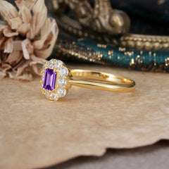 Emerald Cut Engagement Ring Classic Lab Grown Amethyst Halo Promise Ring