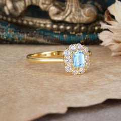 Emerald Cut Engagement Ring Classic Lab Grown Aquamarine Halo Promise Ring