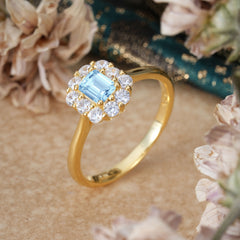 Emerald Cut Engagement Ring Classic Lab Grown Aquamarine Halo Promise Ring