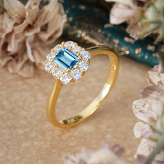 Emerald Cut Engagement Ring Classic Lab Grown Aquamarine Halo Promise Ring