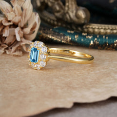 Emerald Cut Engagement Ring Classic Lab Grown Aquamarine Halo Promise Ring