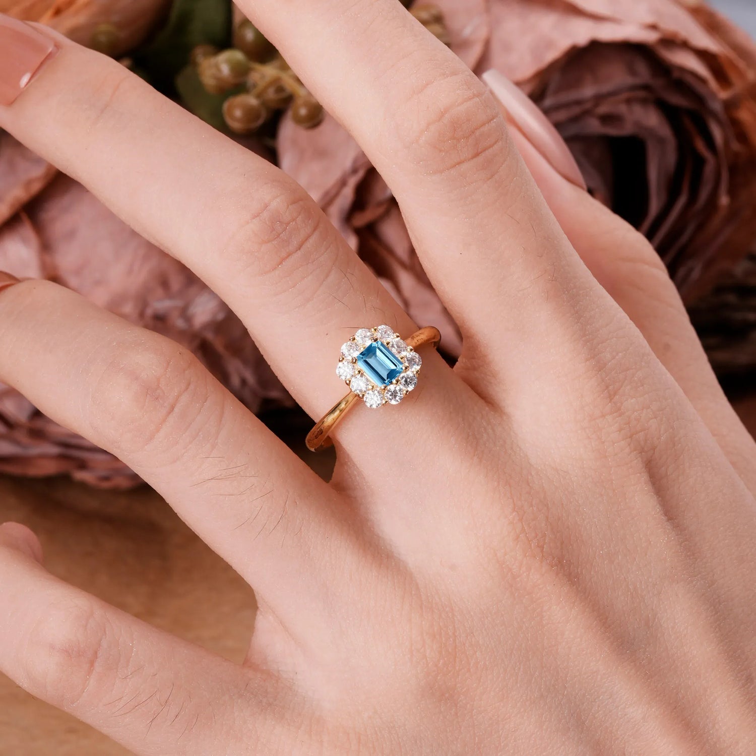 Emerald Cut Engagement Ring Classic Lab Grown Aquamarine Halo Promise Ring