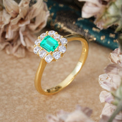 Emerald Cut Emerald Ring Classic Lab Grown Aquamarine Halo Promise Ring