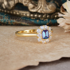 Emerald Cut Engagement Ring Classic Alexandrite Halo Promise Ring